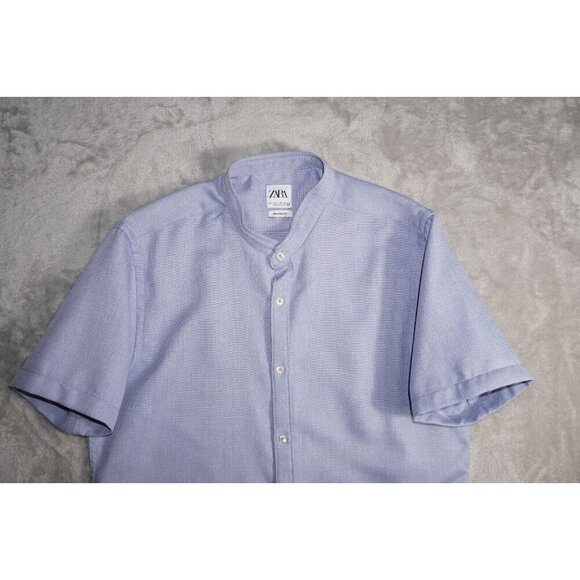 Zara Shirt Mens L Relaxed Fit Casual Button Up Mock Neck Rolled Short Sleeve - Picture 8 of 11